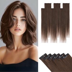 100% Real Human Hair Extensions - 6 Clip-In Hairpieces - 10" Dark Brown Brunette